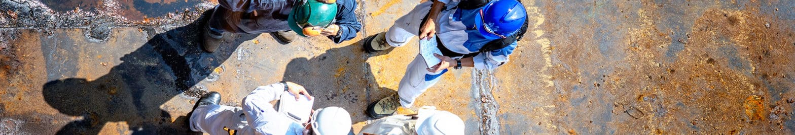 Aerial view of four workers wearing protective gear and helmets, gathered on a large, weathered metal surface, seemingly discussing or inspecting something for an industrial services company.