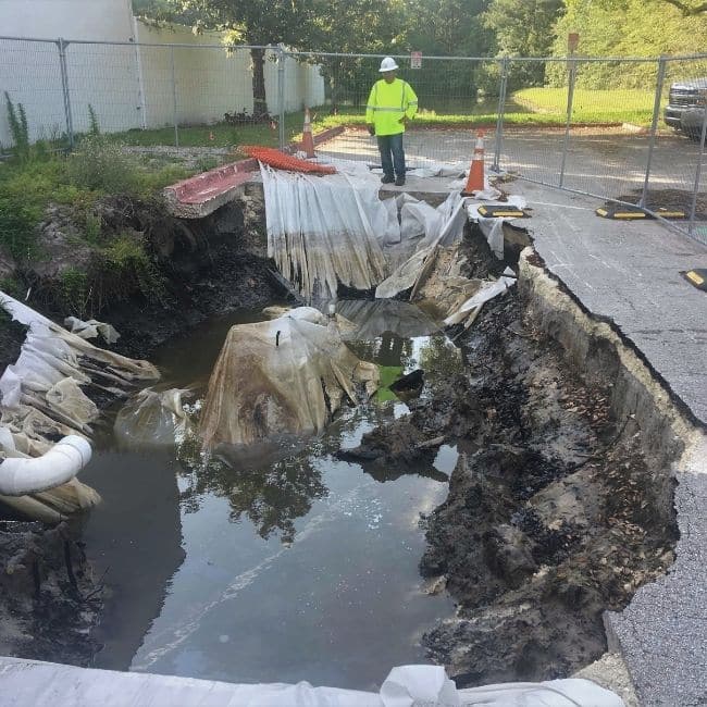 A worker in a reflective jacket and hard hat stands near a large construction pit filled with water, surrounded by safety fencing and traffic cones, ensuring remediation services are properly carried out.