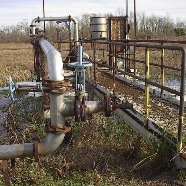An old, rusting industrial pipe structure with valves and railings in a marshy area, showing signs of decay and neglect—an environmental consulting company could restore this site to its former glory.