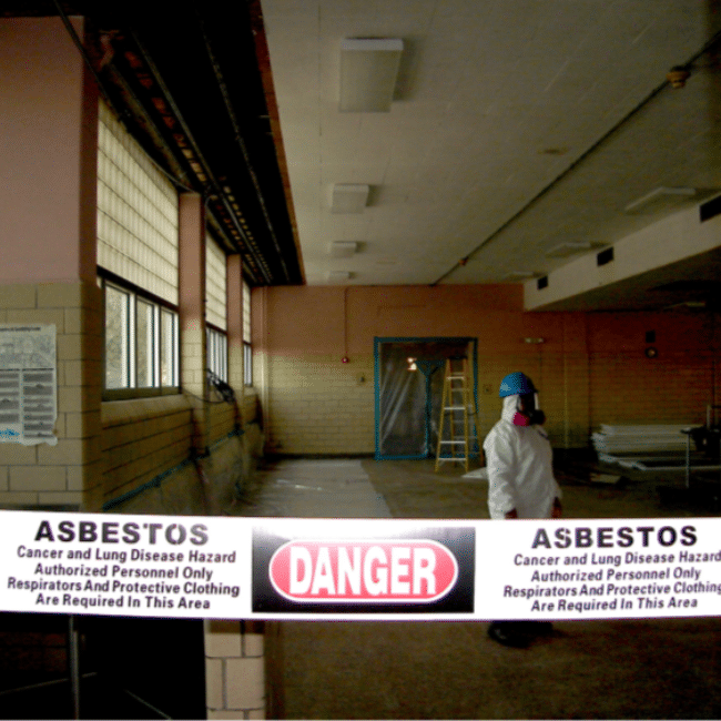 A person in protective gear stands behind a "Danger: Asbestos" barricade tape in a room with exposed brick walls and ceiling tiles, highlighting the asbestos hazard managed by industrial hygiene services in this restricted area.