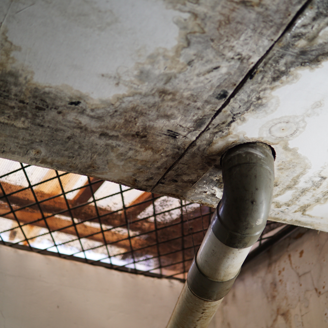 A ceiling with severe water damage and mold growth, showing a large discolored area and a protruding pipe. Wire mesh is visible above, suggesting structural reinforcement or protection by an industrial services company.